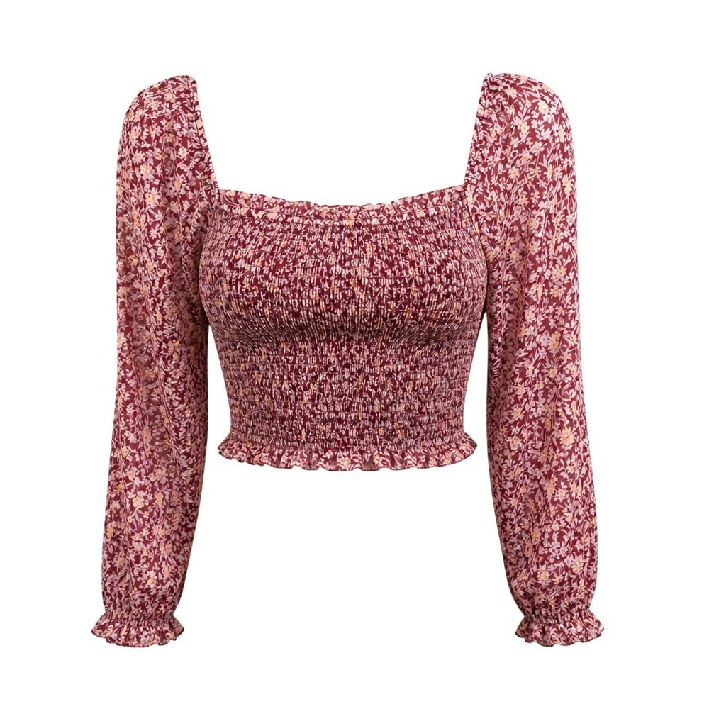 Japna Smocked Milkmaid Peasant Crop Top Burgundy‎ Floral Boho Cottagecore